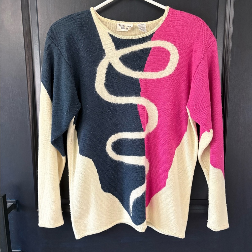 Vintage Abstract Sweater in Pink, Cream, and Navy Blue Petite Medium